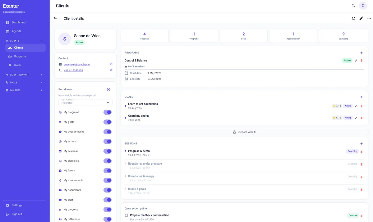 A client record in Exantur showing the history of the engagement