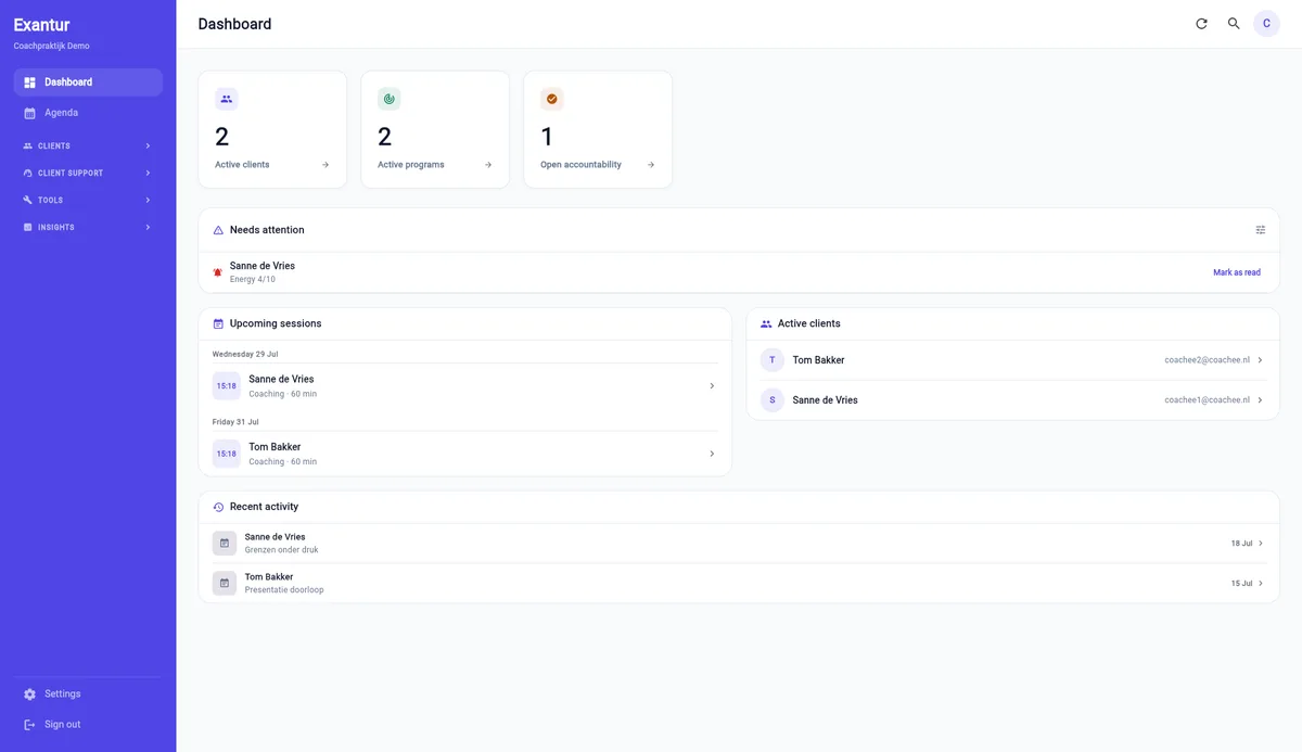 The Exantur dashboard for a coaching practice