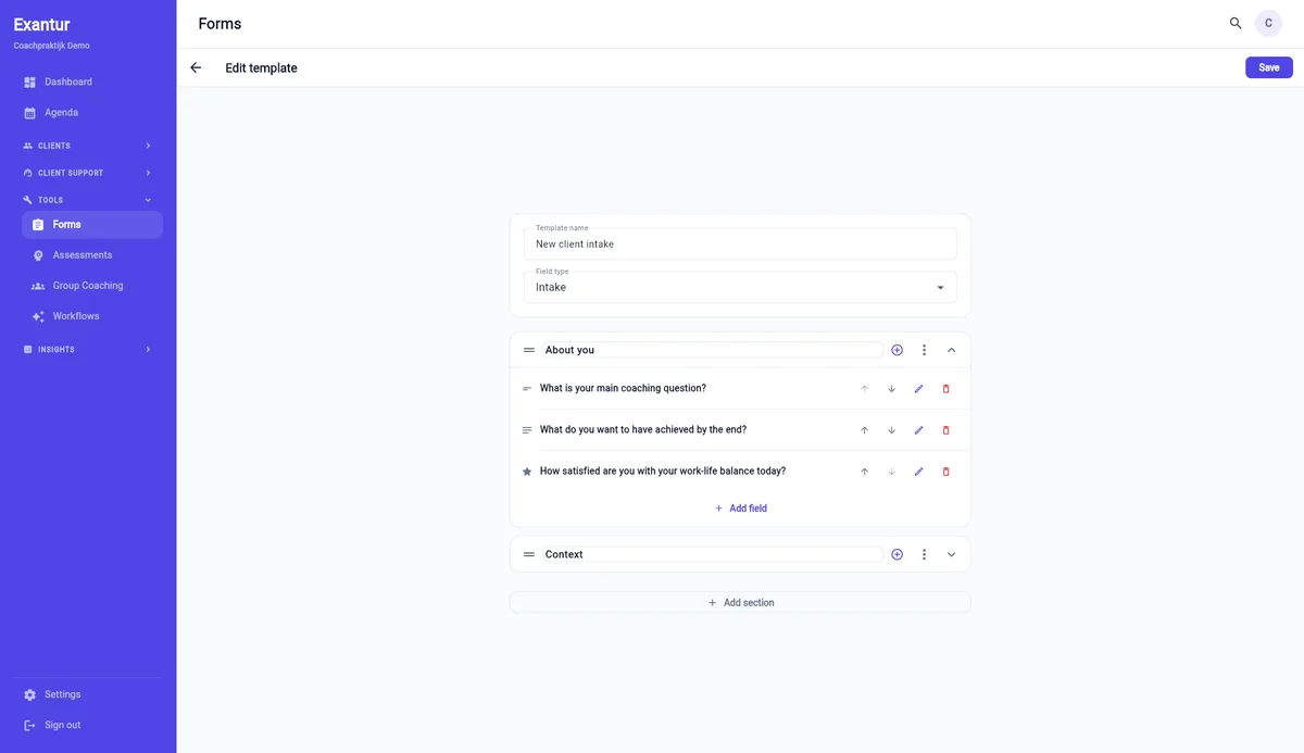 A coaching intake form in Exantur