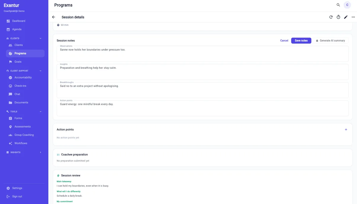 Structured session notes in Exantur